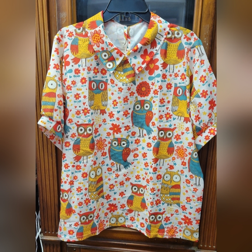 Owl Print Collared Short Sleeve Shirt XXL